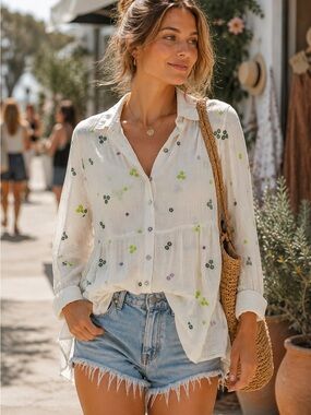 Figueroa & Flower Embroidered Boho Tiered Blouse Ivory Rayon M
